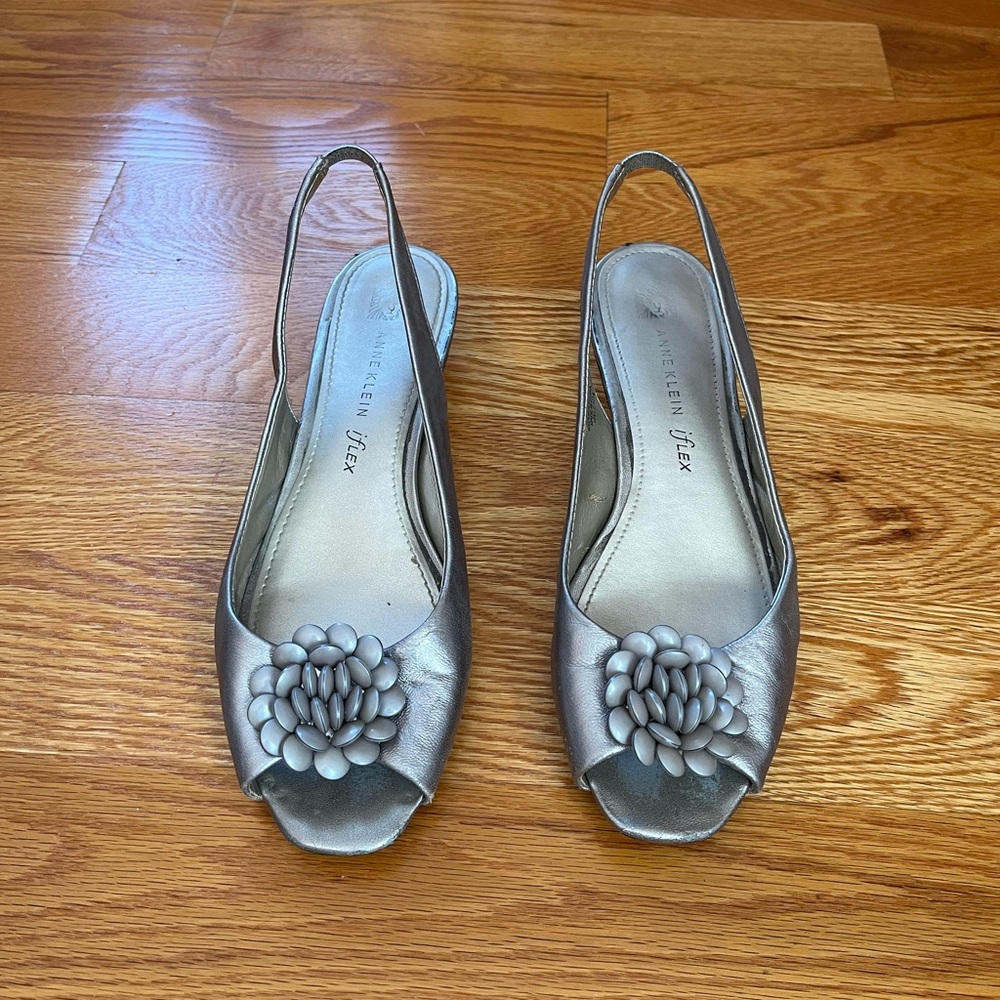 Anne Klein Silver Peep-Toe Heels with Flower Embellishment
